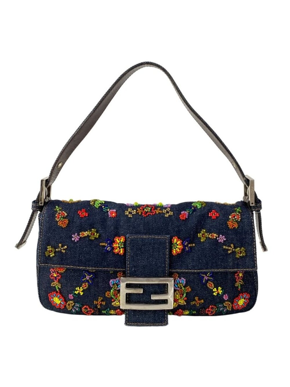 Fendi Shoulder Bag Mamma Bucket Dark Navy Multi Beads Flower
